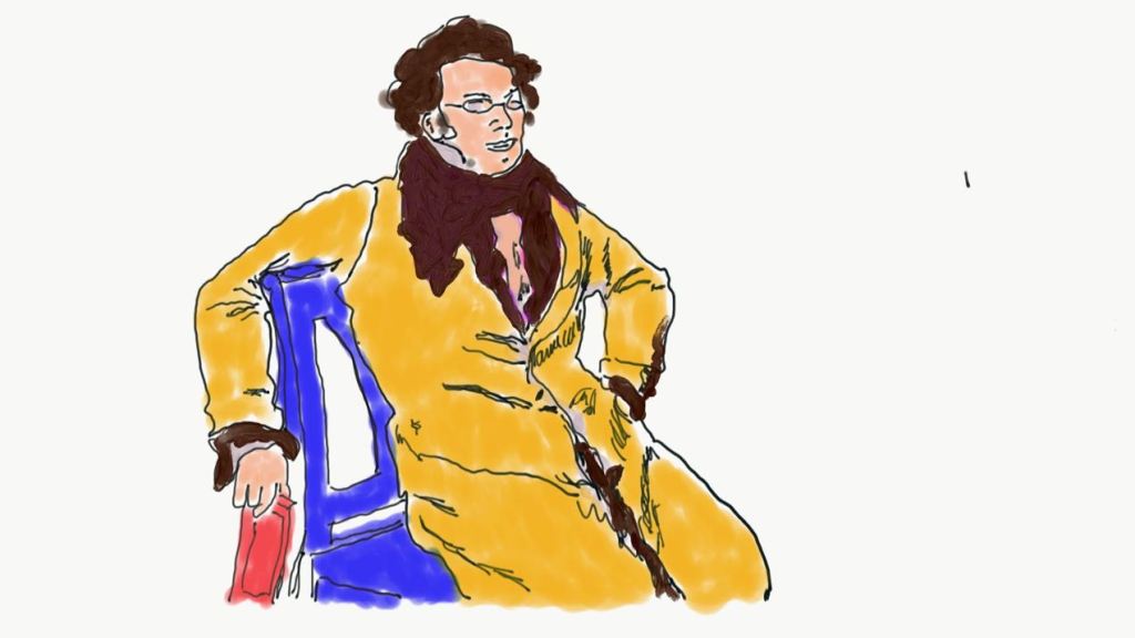 Line tracing of watercolor of Franz Schubert sitting.