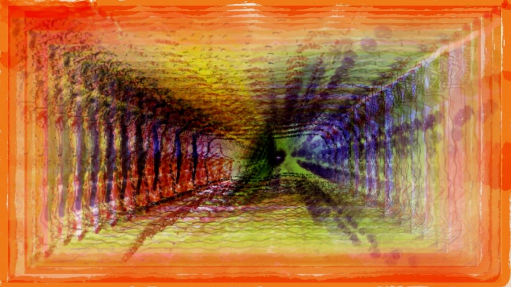 Colorful semi-abstract painting titled Viewfinder.