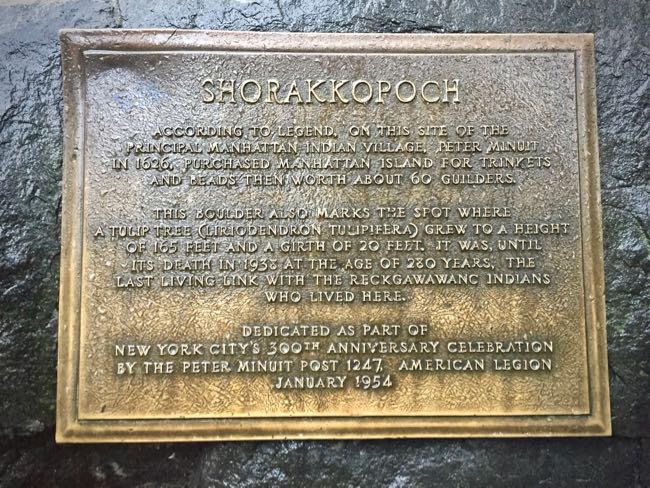 Shorakkopoch Rock plaque in Inwood Hill Park